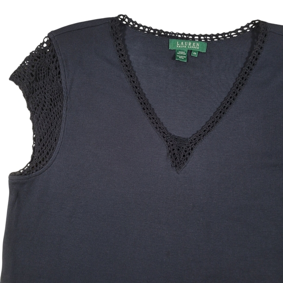 LRL Ralph Lauren Top Womens 2X Black Cotton Knit Crochet Cap Sleeve V Neck Shirt - Picture 4 of 7